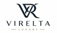 Virelta Luxury logo featuring a stylized dark navy 'VR' monogram above the brand name 'VIRELTA' in dark navy and 'LUXARY' in gold, with the tagline 'TIMELESS ELEGANCE. EXCLUSIVE LIVING.